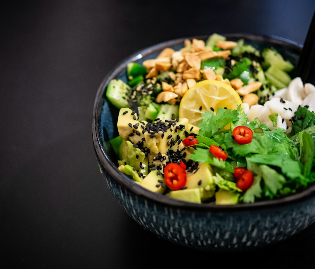Fresh salad bowl with vegetables and grains